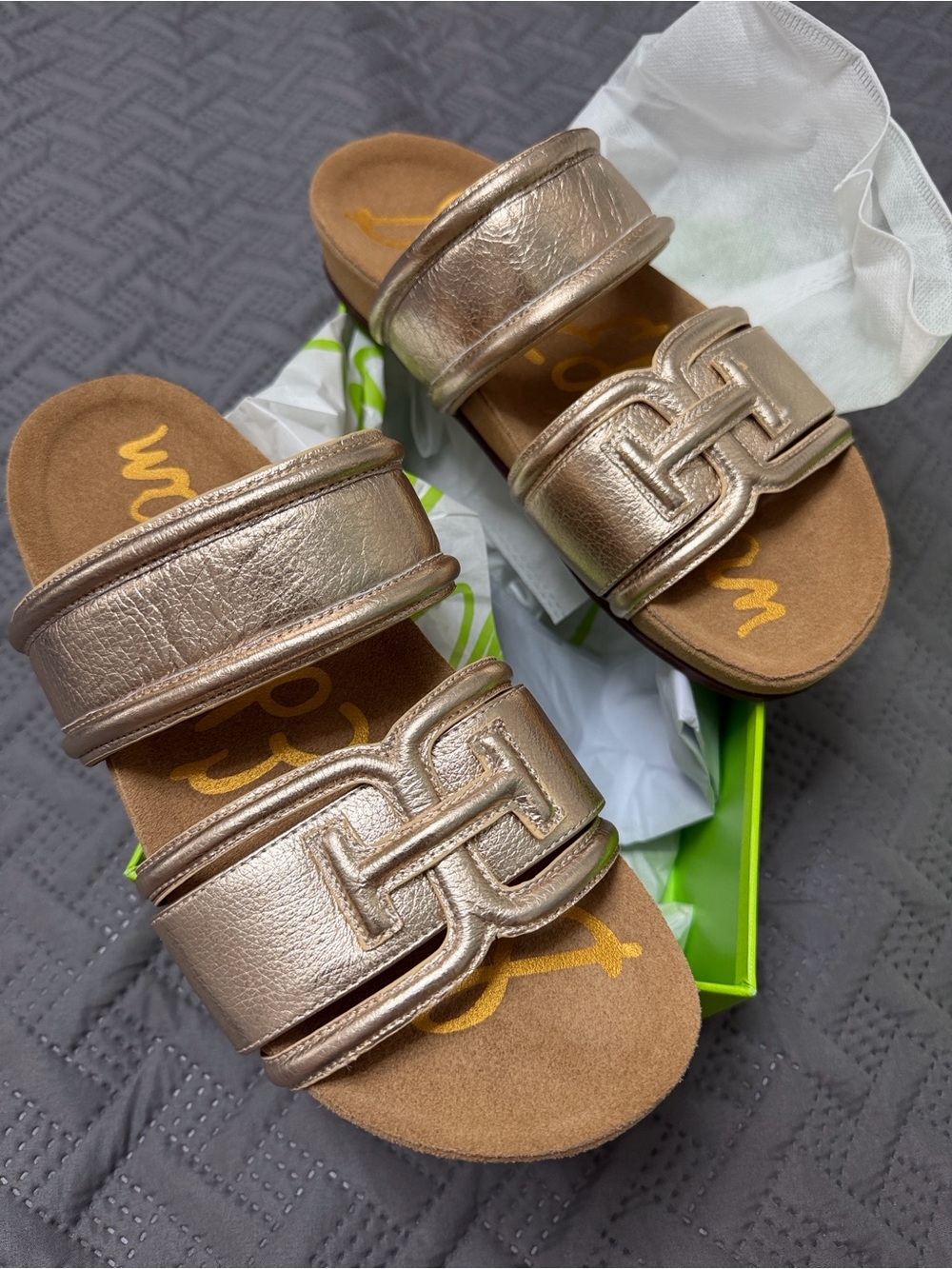 Sam Edelman Metallic Gold Double-Strap Slide Sandals - Picture 4 of 7